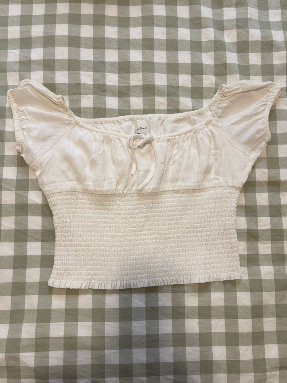 Wilfred White Smocked Off-Shoulder Crop Top